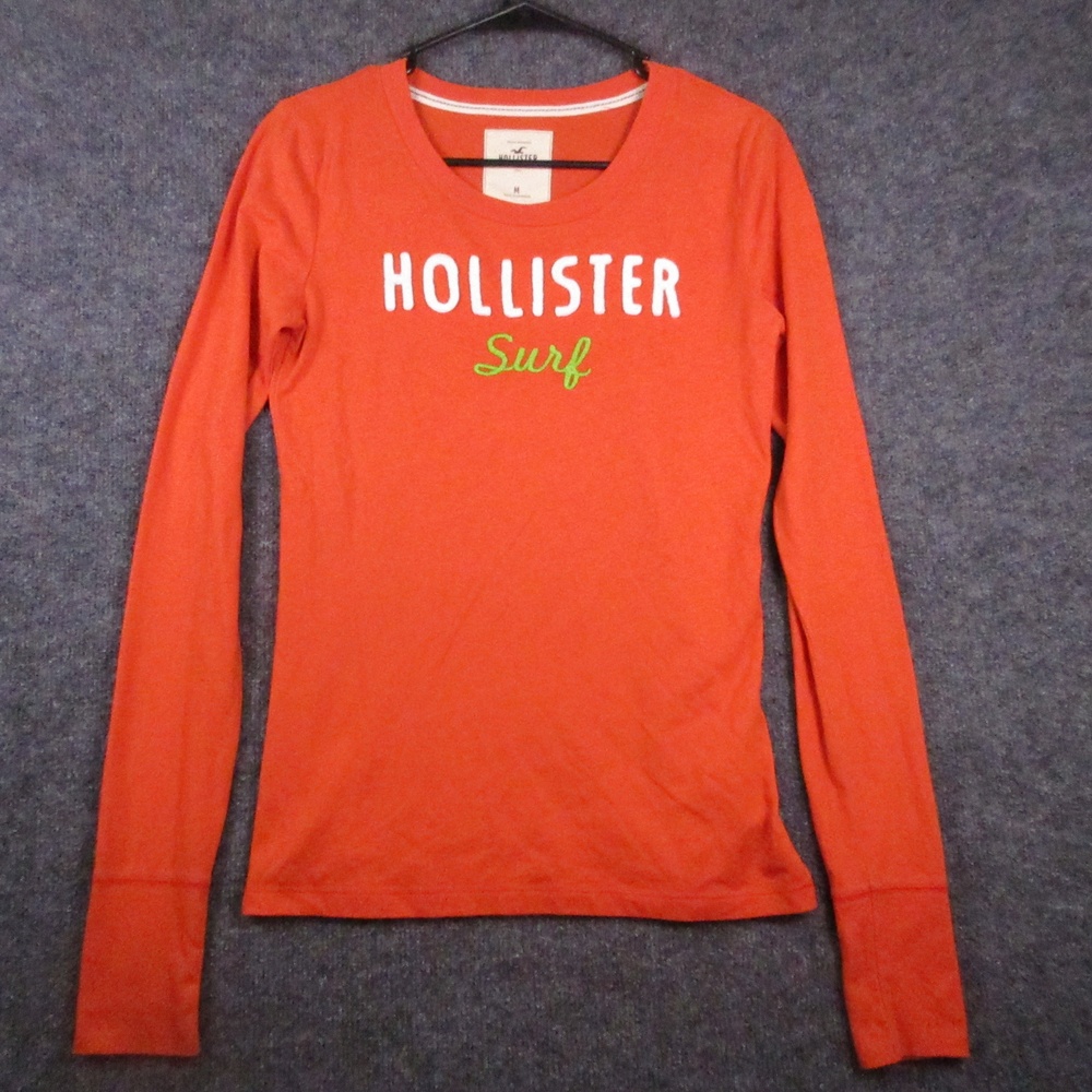 Y2K Hollister Shirt Juniors Medium Orange Surf Logo Scoop Neck Long Sleeve Tee
